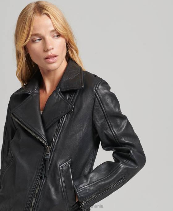 Superdry geacă de motociclist din piele de epocă îmbrăcăminte gri inchis femei JX0Z3819