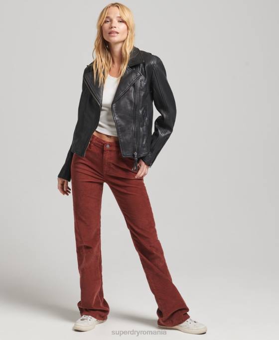 Superdry geacă de motociclist din piele de epocă îmbrăcăminte gri inchis femei JX0Z3819