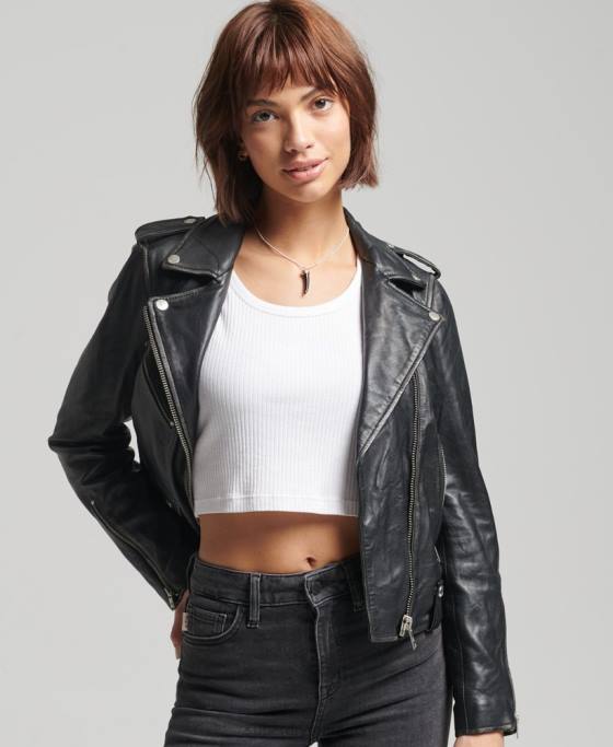 Superdry geacă de motociclist din piele rylee îmbrăcăminte negru femei JX0Z3735