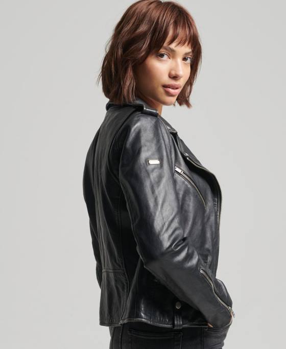 Superdry geacă de motociclist din piele rylee îmbrăcăminte negru femei JX0Z3735