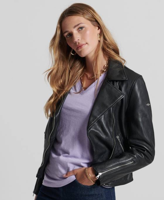 Superdry geacă de motociclist din piele îmbrăcăminte negru femei JX0Z3844
