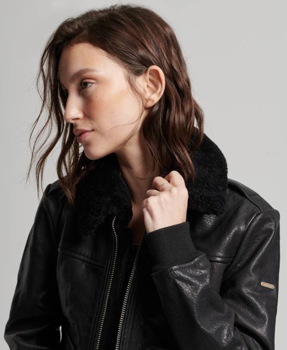 Superdry geacă de piele de aviator de zbor îmbrăcăminte negru femei JX0Z5702