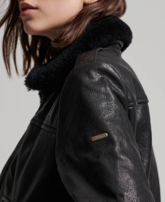 Superdry geacă de piele de aviator de zbor îmbrăcăminte negru femei JX0Z5702