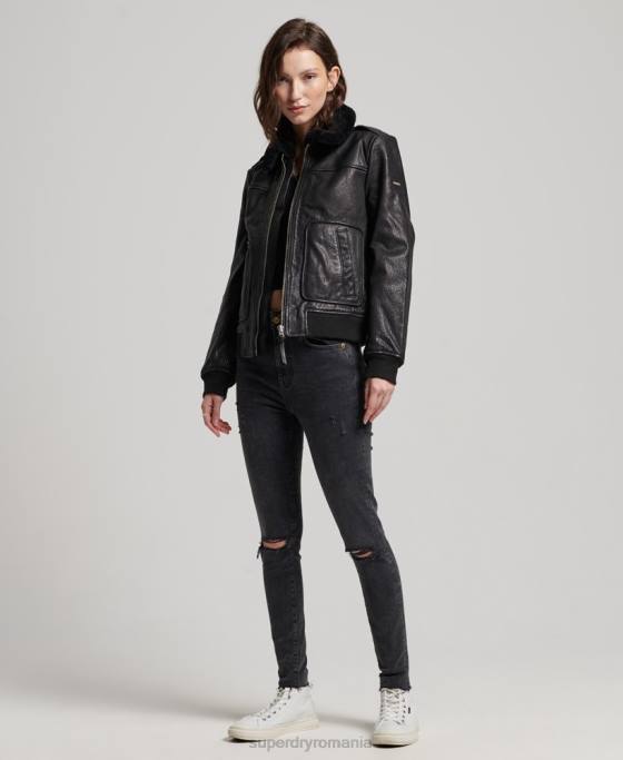 Superdry geacă de piele de aviator de zbor îmbrăcăminte negru femei JX0Z5702