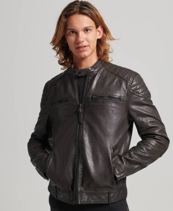 Superdry geacă din piele moto racer îmbrăcăminte gri inchis bărbați JX0Z1088