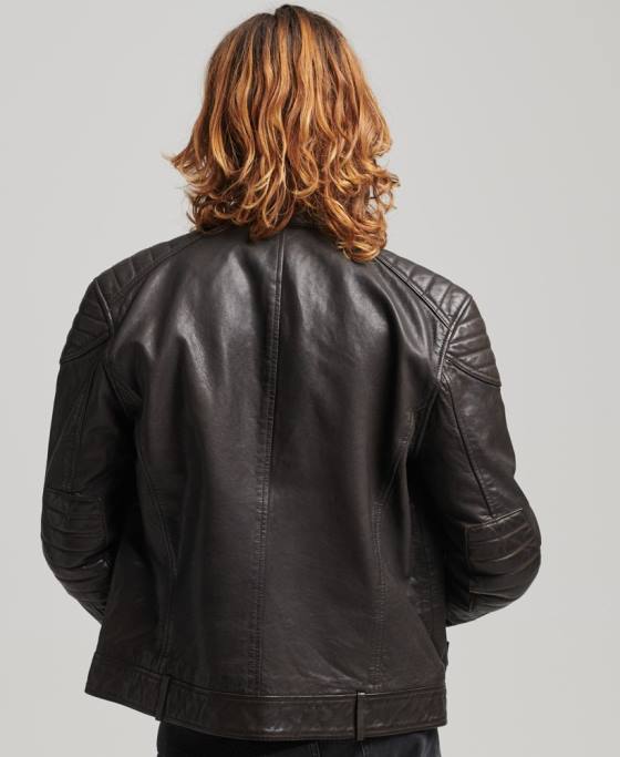 Superdry geacă din piele moto racer îmbrăcăminte gri inchis bărbați JX0Z1088