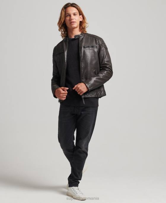 Superdry geacă din piele moto racer îmbrăcăminte gri inchis bărbați JX0Z1088