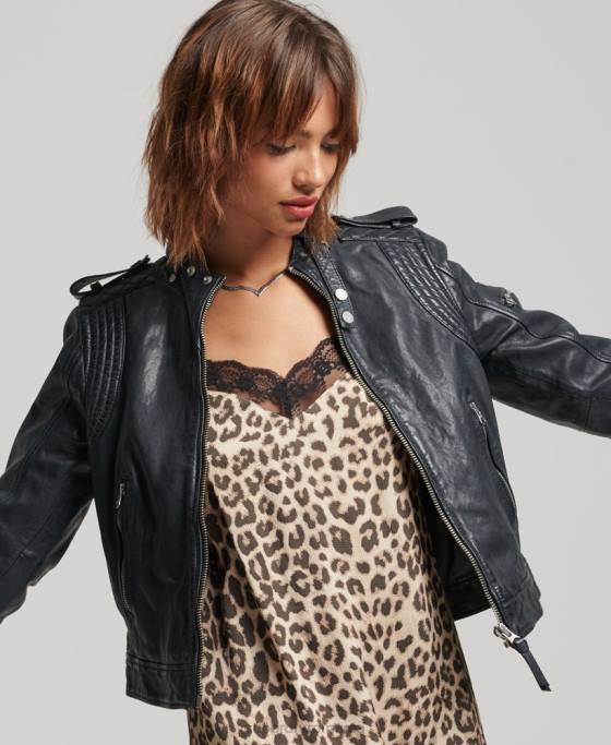 Superdry geacă vintage din piele pentru motociclete îmbrăcăminte gri inchis femei JX0Z2042