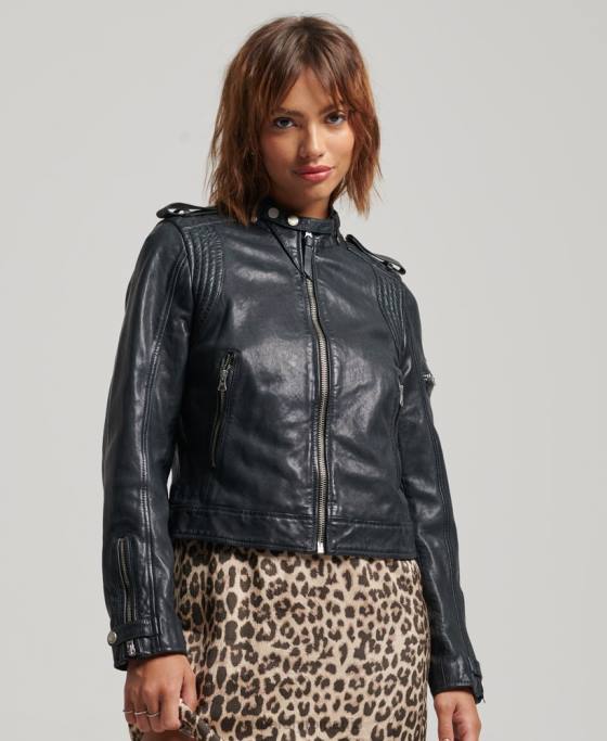 Superdry geacă vintage din piele pentru motociclete îmbrăcăminte gri inchis femei JX0Z2042