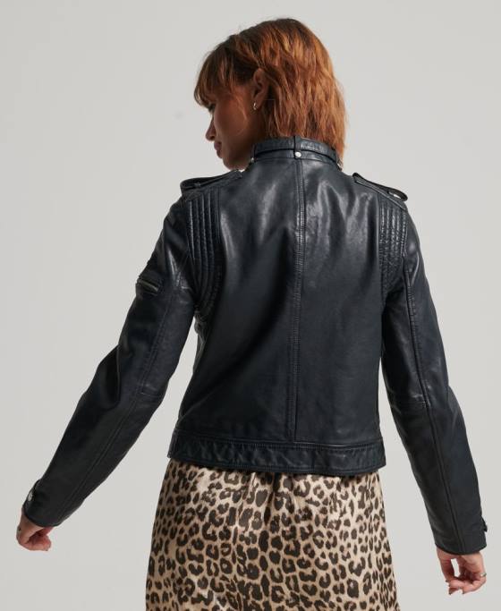 Superdry geacă vintage din piele pentru motociclete îmbrăcăminte gri inchis femei JX0Z2042