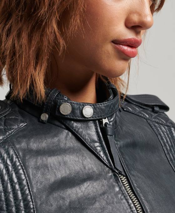 Superdry geacă vintage din piele pentru motociclete îmbrăcăminte gri inchis femei JX0Z2042
