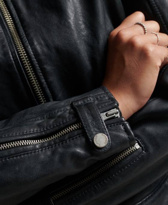 Superdry geacă vintage din piele pentru motociclete îmbrăcăminte gri inchis femei JX0Z2042