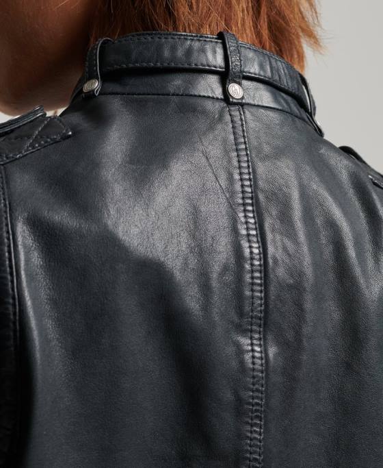 Superdry geacă vintage din piele pentru motociclete îmbrăcăminte gri inchis femei JX0Z2042