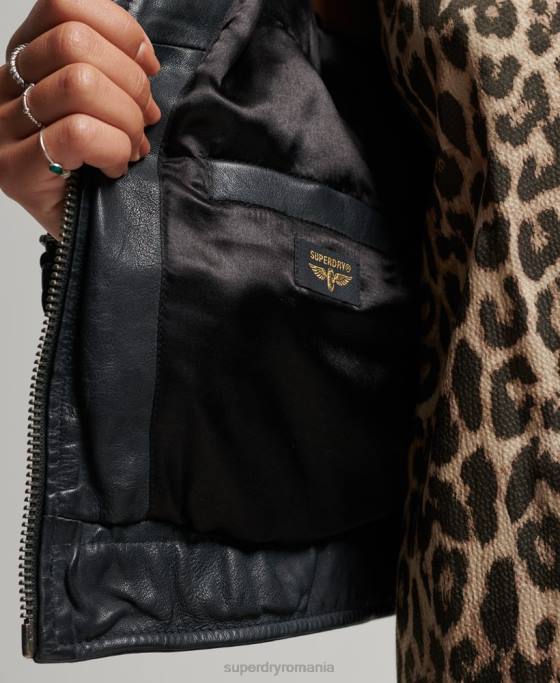 Superdry geacă vintage din piele pentru motociclete îmbrăcăminte gri inchis femei JX0Z2042