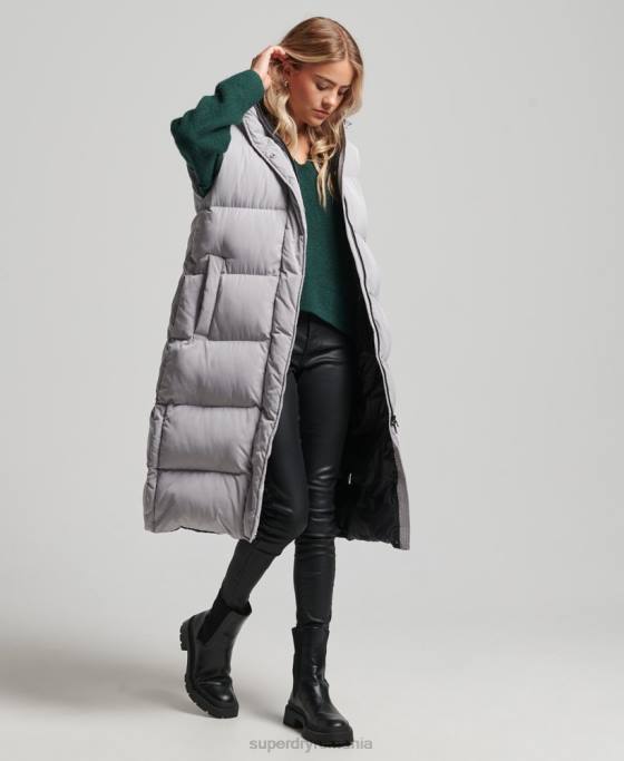 Superdry gilet căptușit cu glugă cu paragate îmbrăcăminte gri deschis femei JX0Z3573