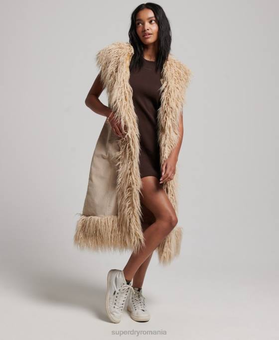 Superdry gilet lung afgan de blană artificială îmbrăcăminte maro femei JX0Z3560