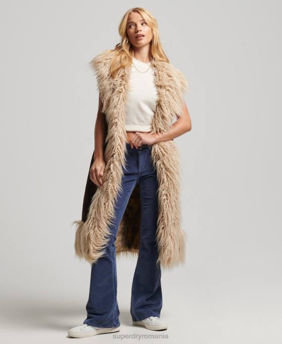 Superdry gilet lung afgan de blană artificială îmbrăcăminte maro femei JX0Z3561