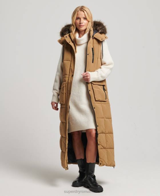 Superdry gilet puf cu paragate cu glugă din blană artificială îmbrăcăminte maro femei JX0Z3572