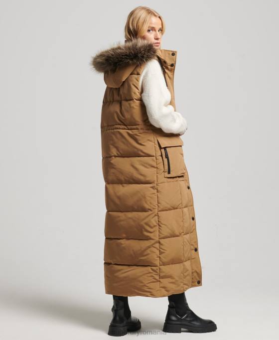 Superdry gilet puf cu paragate cu glugă din blană artificială îmbrăcăminte maro femei JX0Z3572