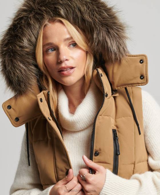 Superdry gilet puf cu paragate cu glugă din blană artificială îmbrăcăminte maro femei JX0Z3572
