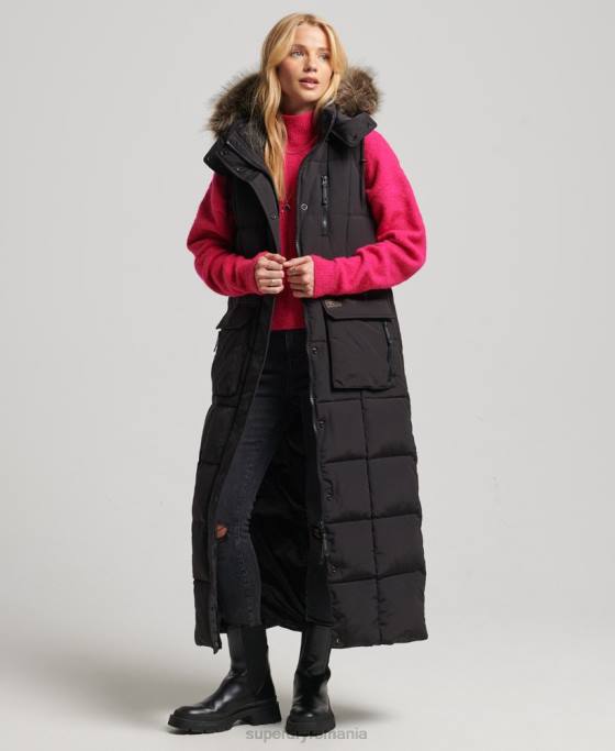 Superdry gilet puf cu paragate cu glugă din blană artificială îmbrăcăminte negru femei JX0Z3596