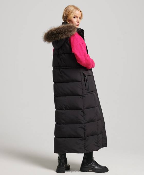 Superdry gilet puf cu paragate cu glugă din blană artificială îmbrăcăminte negru femei JX0Z3596