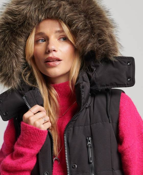 Superdry gilet puf cu paragate cu glugă din blană artificială îmbrăcăminte negru femei JX0Z3596