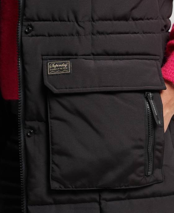 Superdry gilet puf cu paragate cu glugă din blană artificială îmbrăcăminte negru femei JX0Z3596