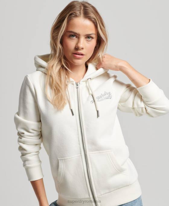 Superdry hanorac colegial cu fermoar cu scripturi vintage îmbrăcăminte alb femei JX0Z2319