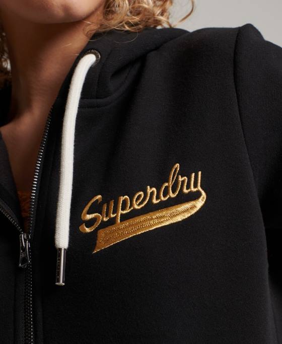Superdry hanorac colegial cu fermoar cu scripturi vintage îmbrăcăminte negru femei JX0Z2293