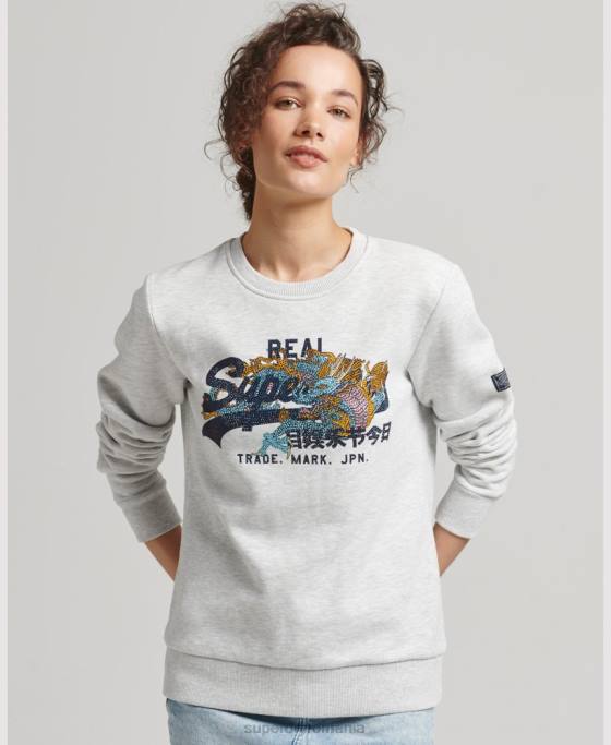 Superdry hanorac crew cu logo narativ cu strasuri îmbrăcăminte gri deschis femei JX0Z5982