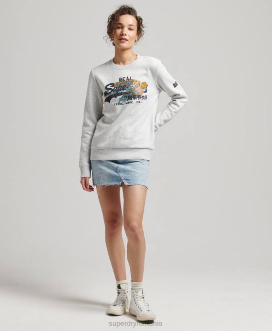 Superdry hanorac crew cu logo narativ cu strasuri îmbrăcăminte gri deschis femei JX0Z5982