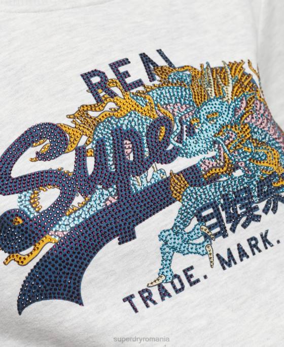 Superdry hanorac crew cu logo narativ cu strasuri îmbrăcăminte gri deschis femei JX0Z5982