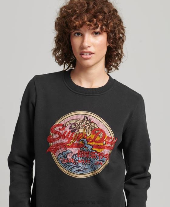 Superdry hanorac crew cu logo narativ cu strasuri îmbrăcăminte negru femei JX0Z5772