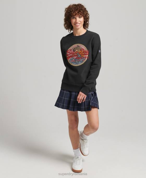 Superdry hanorac crew cu logo narativ cu strasuri îmbrăcăminte negru femei JX0Z5772