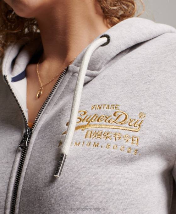 Superdry hanorac cu fermoar cu logo vintage îmbrăcăminte gri deschis femei JX0Z2277