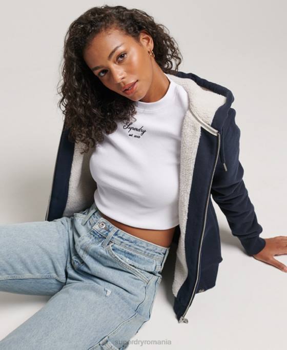 Superdry hanorac cu fermoar căptușit cu borg esențial îmbrăcăminte marina femei JX0Z5755