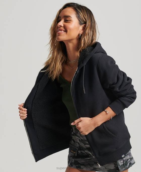 Superdry hanorac cu fermoar căptușit cu borg esențial îmbrăcăminte negru femei JX0Z5741