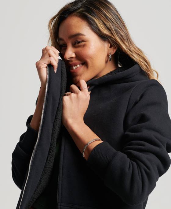 Superdry hanorac cu fermoar căptușit cu borg esențial îmbrăcăminte negru femei JX0Z5741