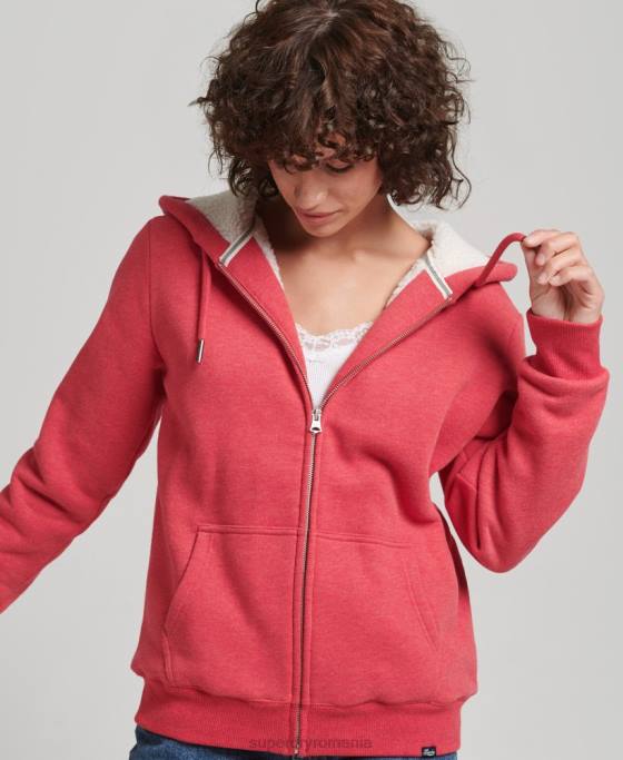 Superdry hanorac cu fermoar căptușit cu borg esențial îmbrăcăminte roșu femei JX0Z5842