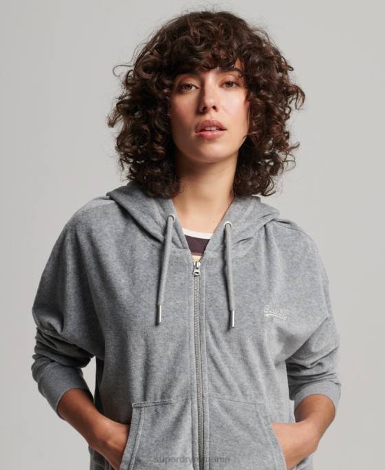 Superdry hanorac cu fermoar din velur cu logo vintage din bumbac organic îmbrăcăminte gri femei JX0Z2197