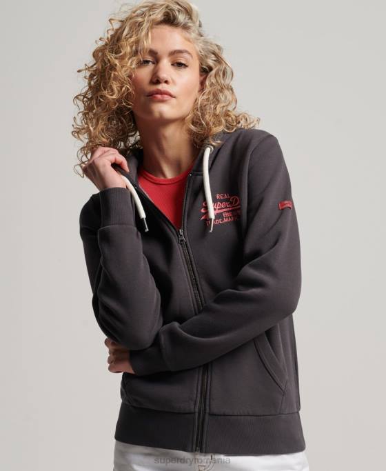 Superdry hanorac cu fermoar neon logo vintage îmbrăcăminte gri inchis femei JX0Z2143