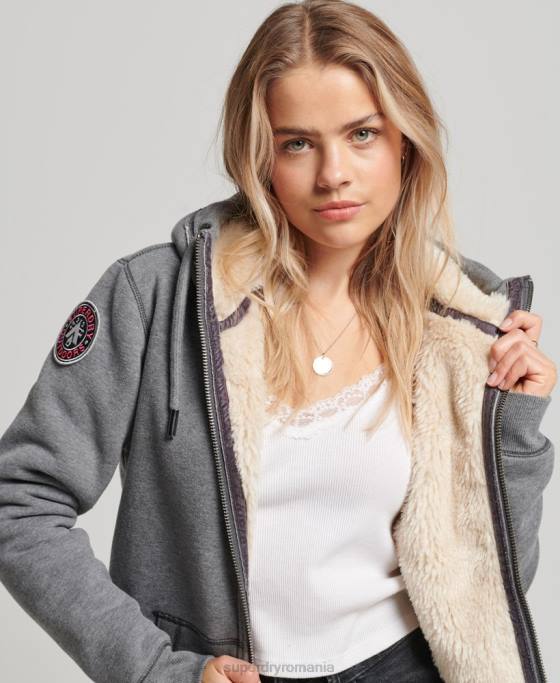 Superdry hanorac cu fermoar urs borg din bumbac organic îmbrăcăminte gri femei JX0Z5991