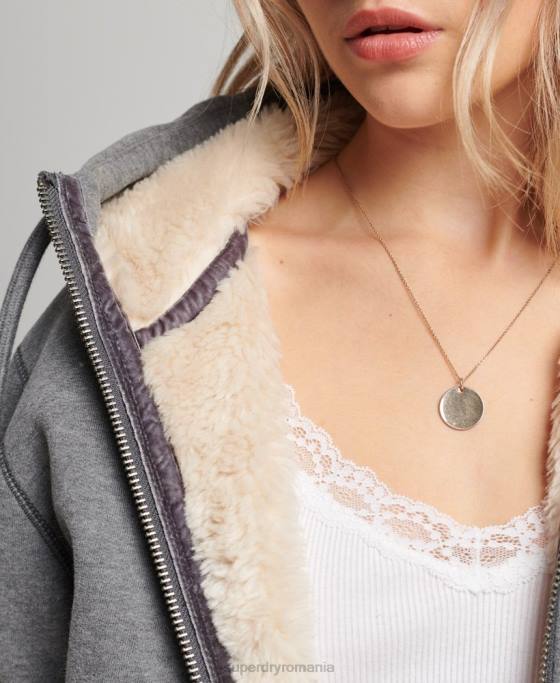 Superdry hanorac cu fermoar urs borg din bumbac organic îmbrăcăminte gri femei JX0Z5991