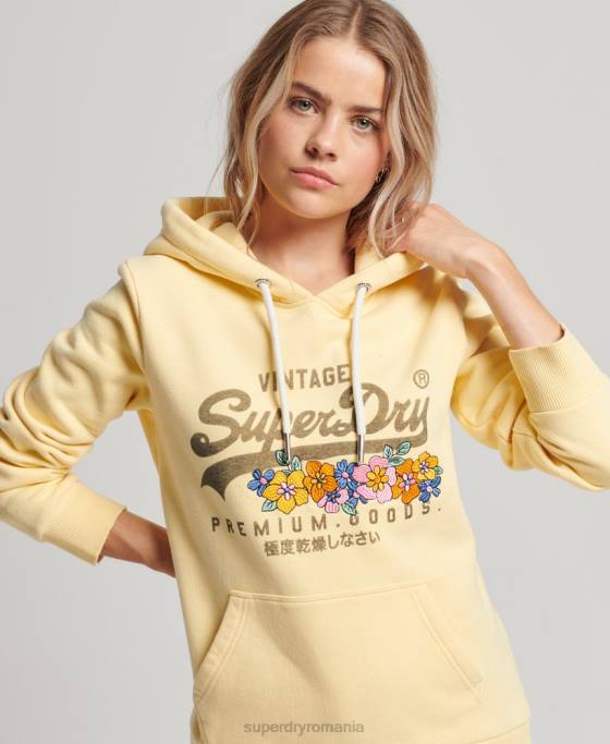 Superdry hanorac floral cu logo vintage bunuri premium îmbrăcăminte galben femei JX0Z3271