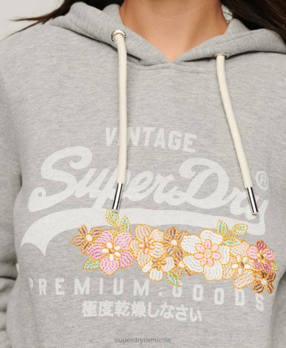 Superdry hanorac floral cu logo vintage bunuri premium îmbrăcăminte gri deschis femei JX0Z3370