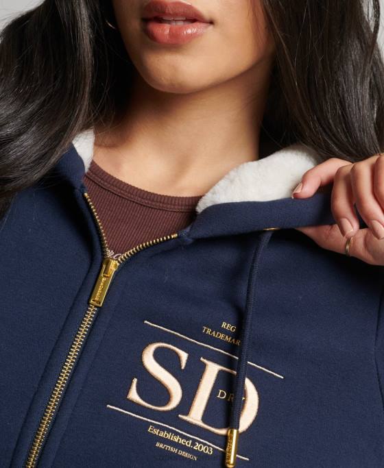 Superdry hanorac lux cu logo brodat cu fermoar îmbrăcăminte marina femei JX0Z6024