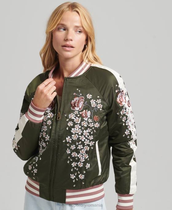 Superdry jachetă bomber brodată sukajan îmbrăcăminte verde femei JX0Z5660