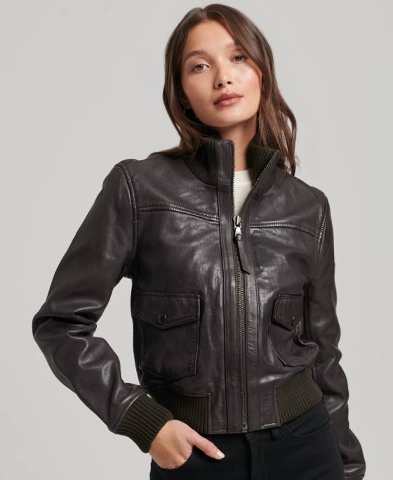 Superdry jachetă bomber din piele cu guler tricot îmbrăcăminte maro femei JX0Z3546