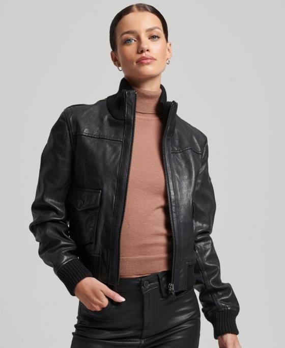 Superdry jachetă bomber din piele cu guler tricot îmbrăcăminte negru femei JX0Z3718